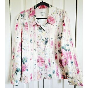 Coldwater Creek 18W Floral Tan Embroidered Jacket Long Sleeve‎ Lined Ruffles